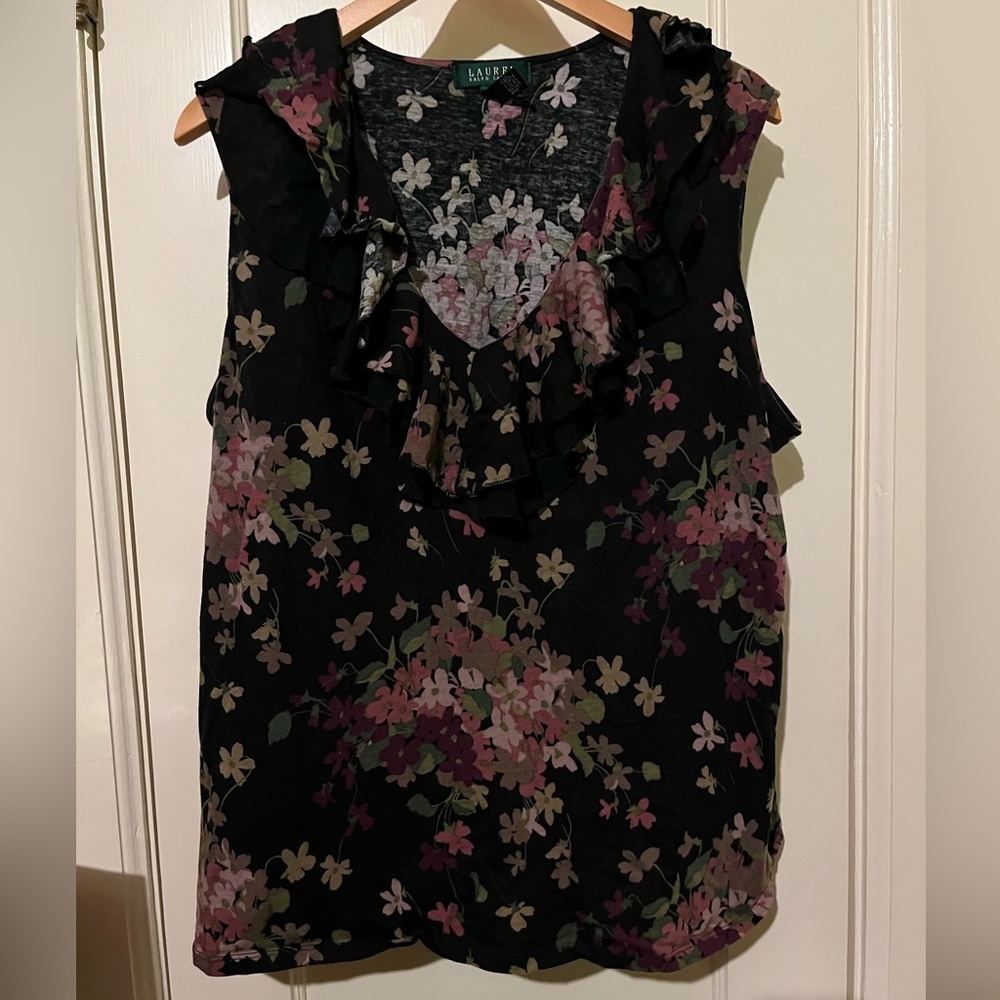 Lauren Ralph Lauren 3X Floral Ruffled Sleeveless Blouse EUC